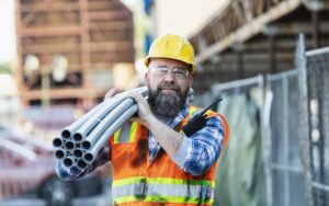 Construction worker wearing orange safety vest carrying pipes on shoulder